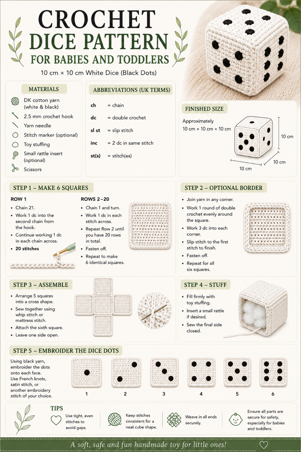 Crochet pattern for black and white dice toy for babies