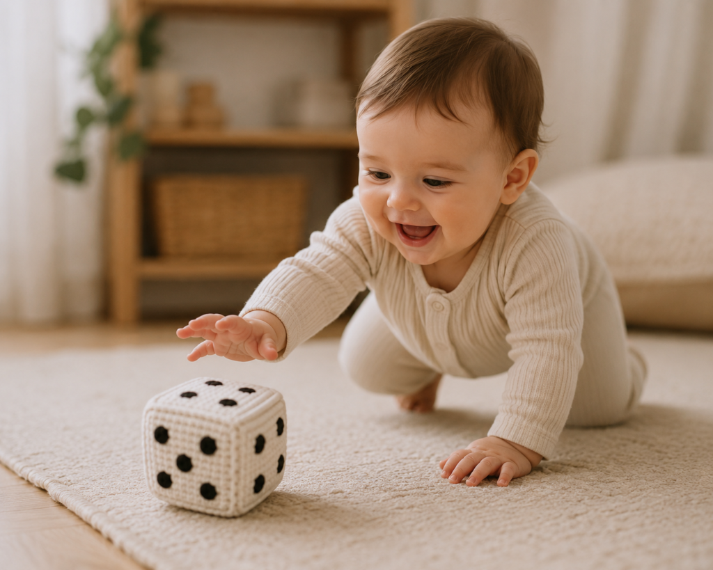 Baby playing with black and white crochet dice