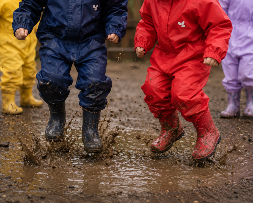 Toddlers juming in mud puddles