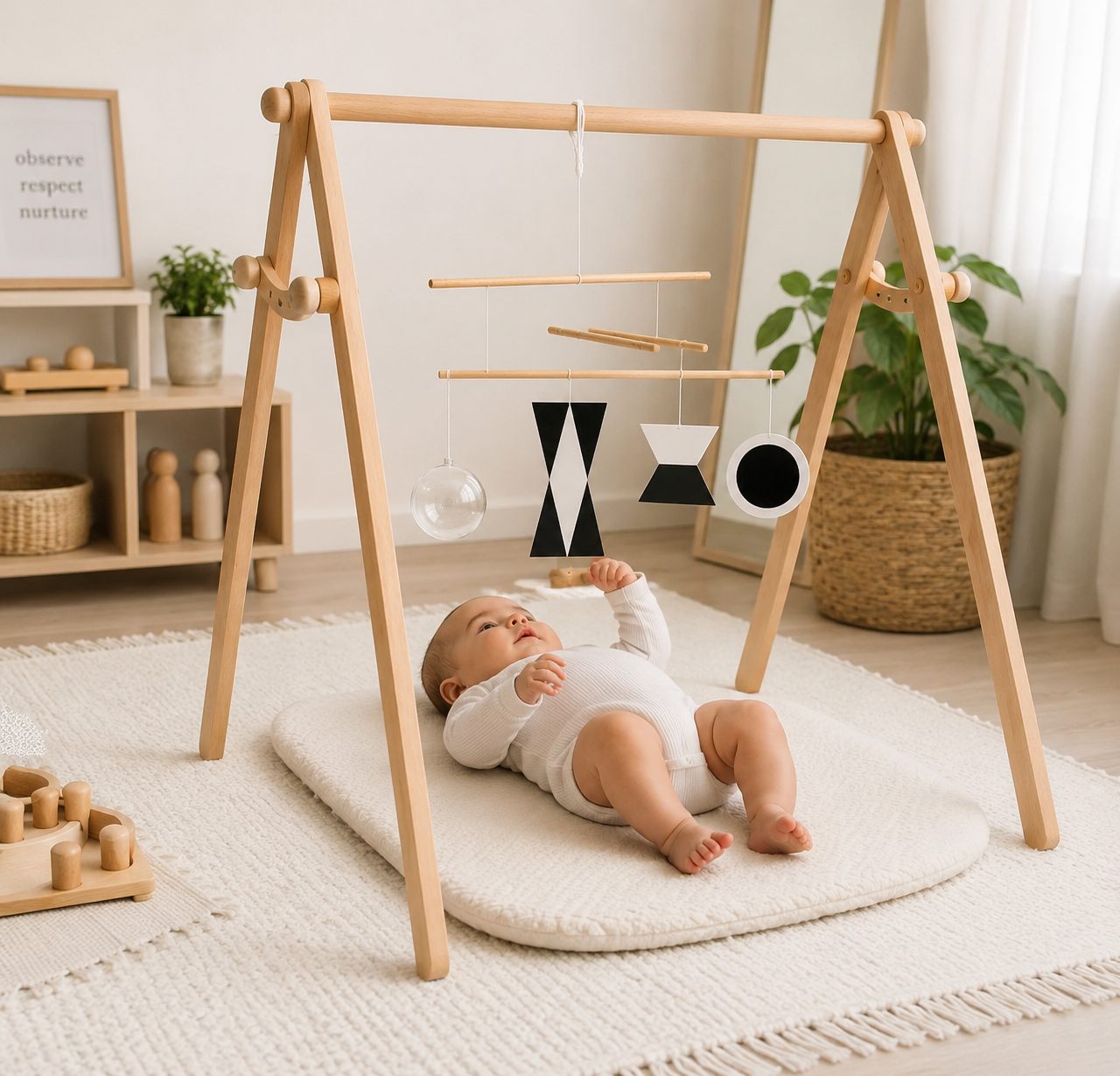 Baby looking at Montessori Munari Mobile