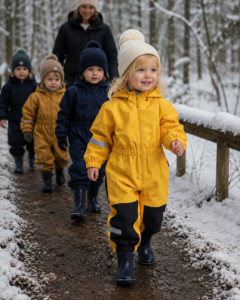 Toddlers in their all in one waterproof puddlesuits