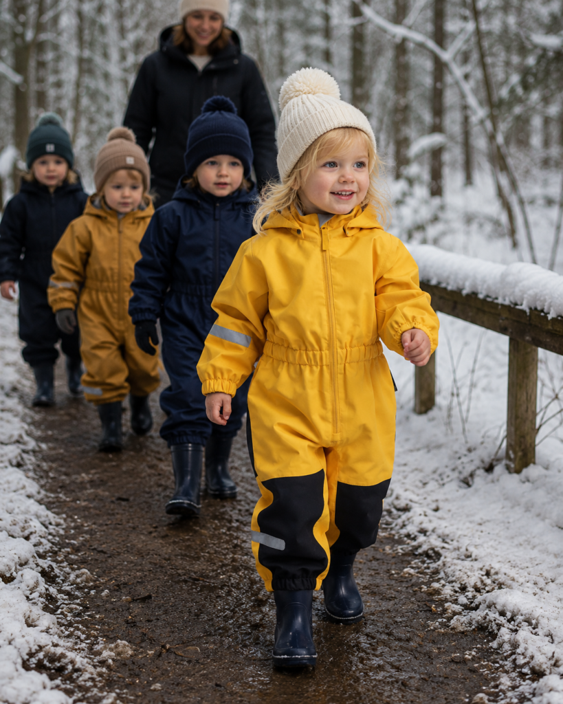 Nursery kids walking in the forest in the snow