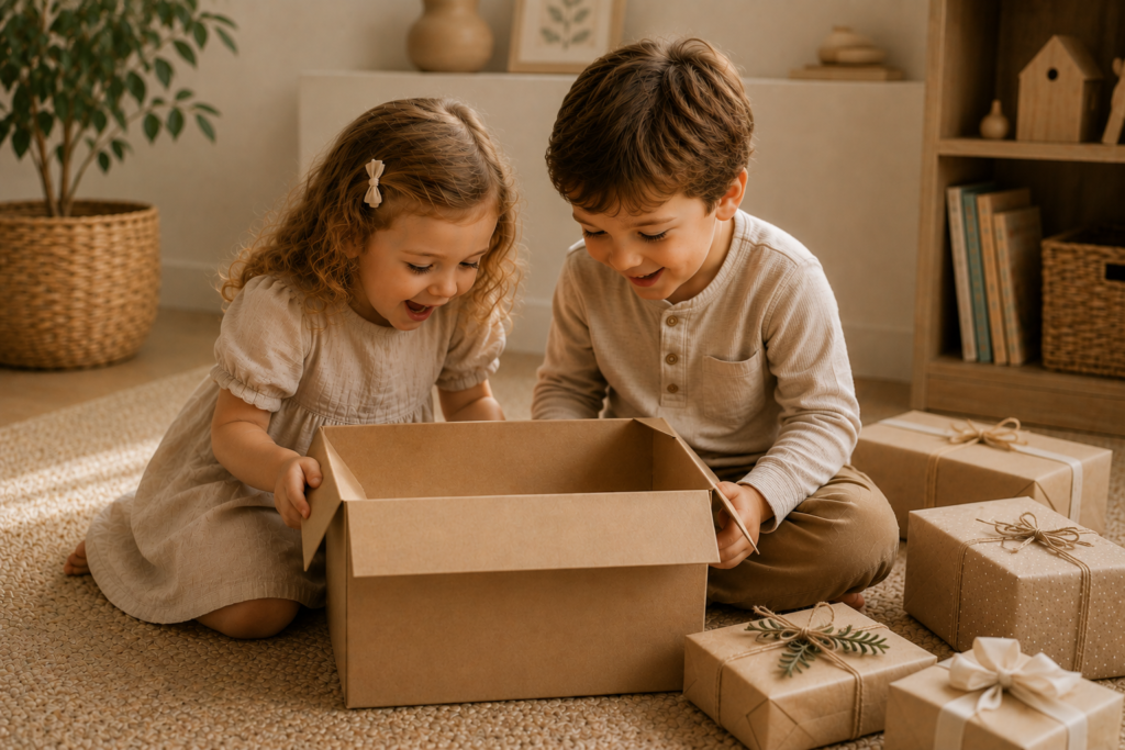 3 year old boy and girl opening gifts.