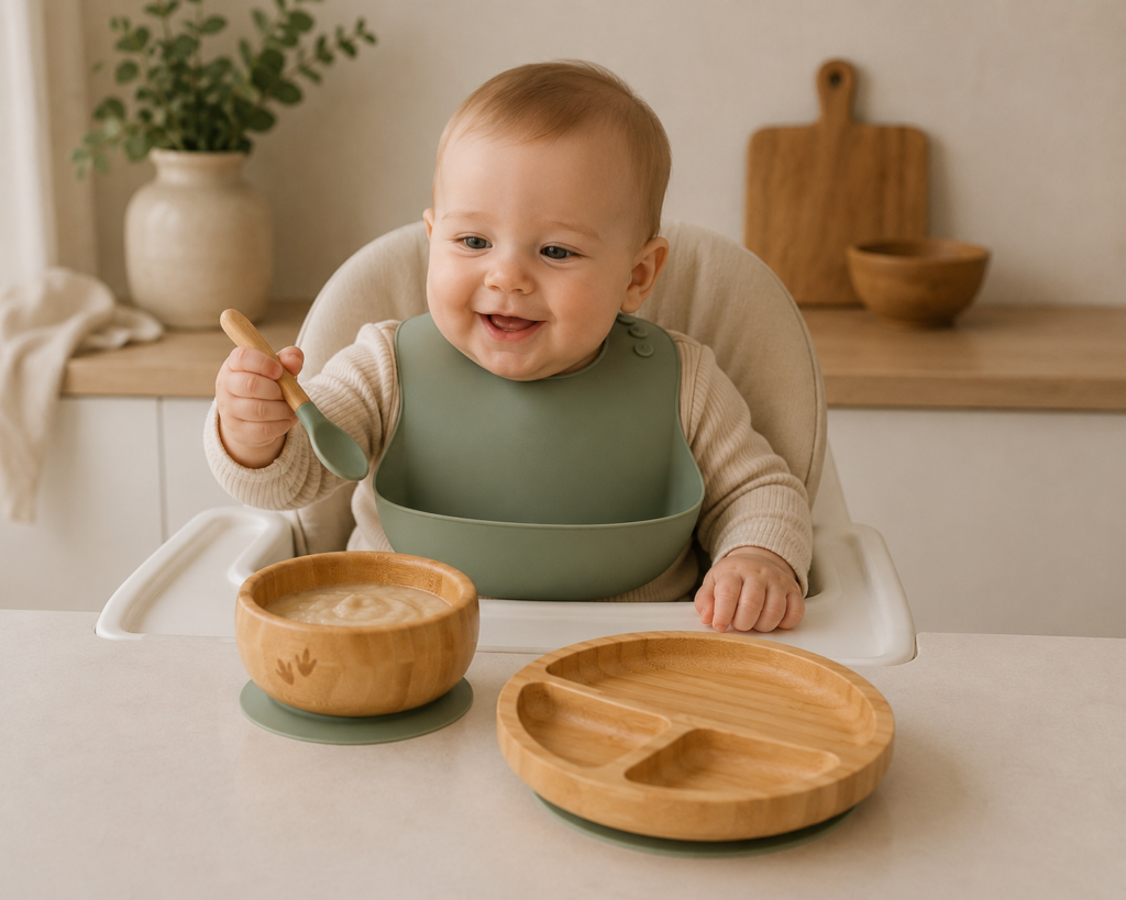 Baby using the Bubba Bear bamboo weaning set with bamboo bowl, suction plate and spoon during breakfast.