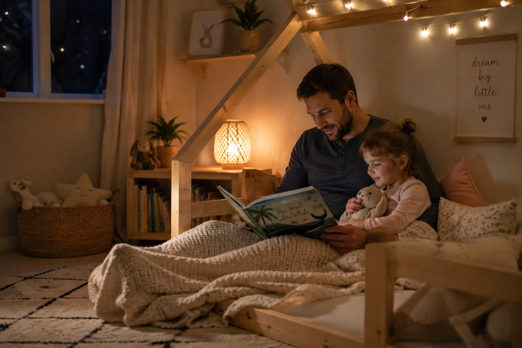 Dad reading bedtime book to toddler in floorbed.