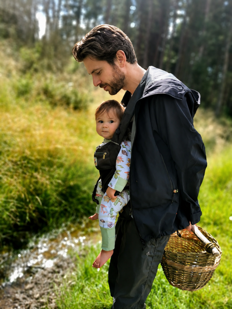 Dad carrying baby in Ergobaby Omni Breeze during woodland walk