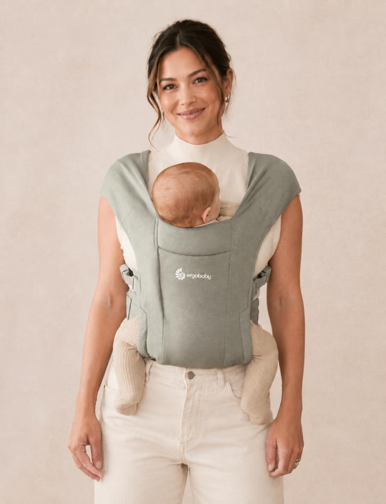 Mother wearing newborn in Ergobaby Embrace baby carrier