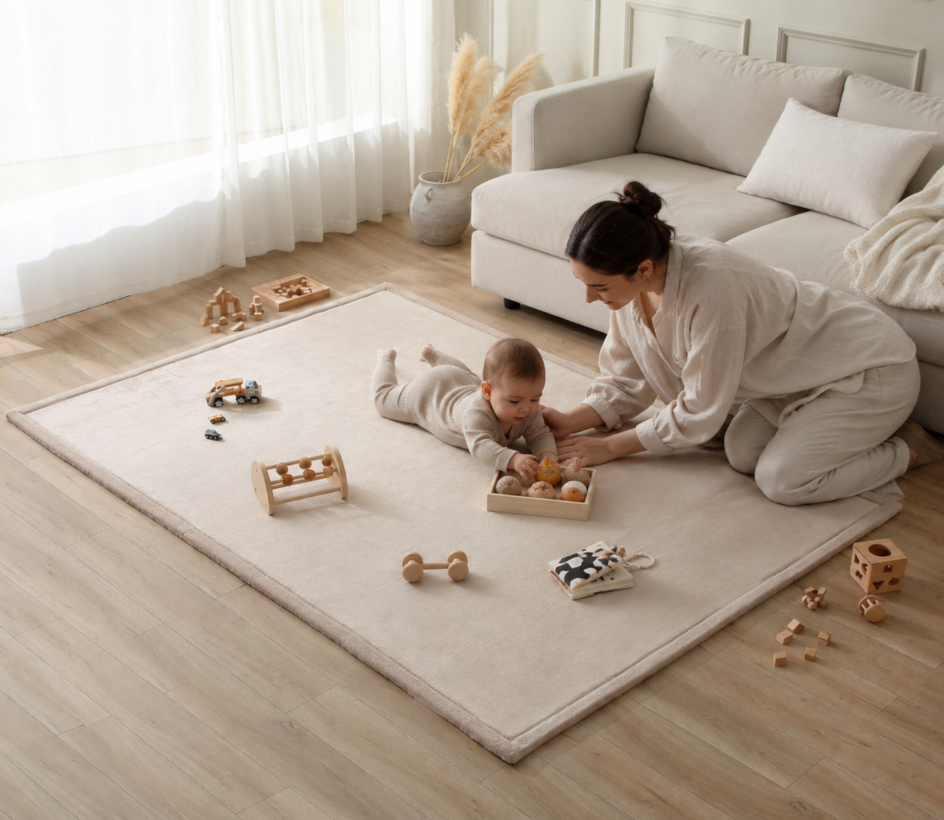 Baby and mother on a playmat with montessori toys