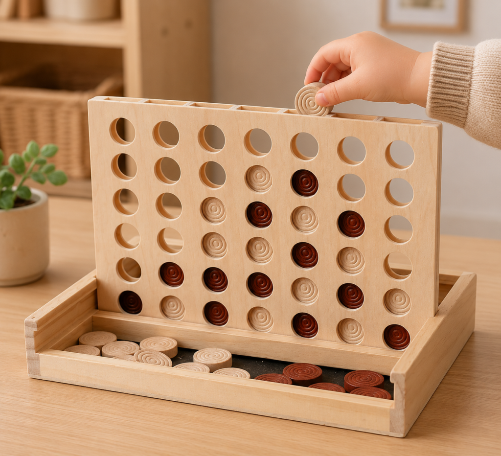 Wooden Connect 4 game for 3 year olds.