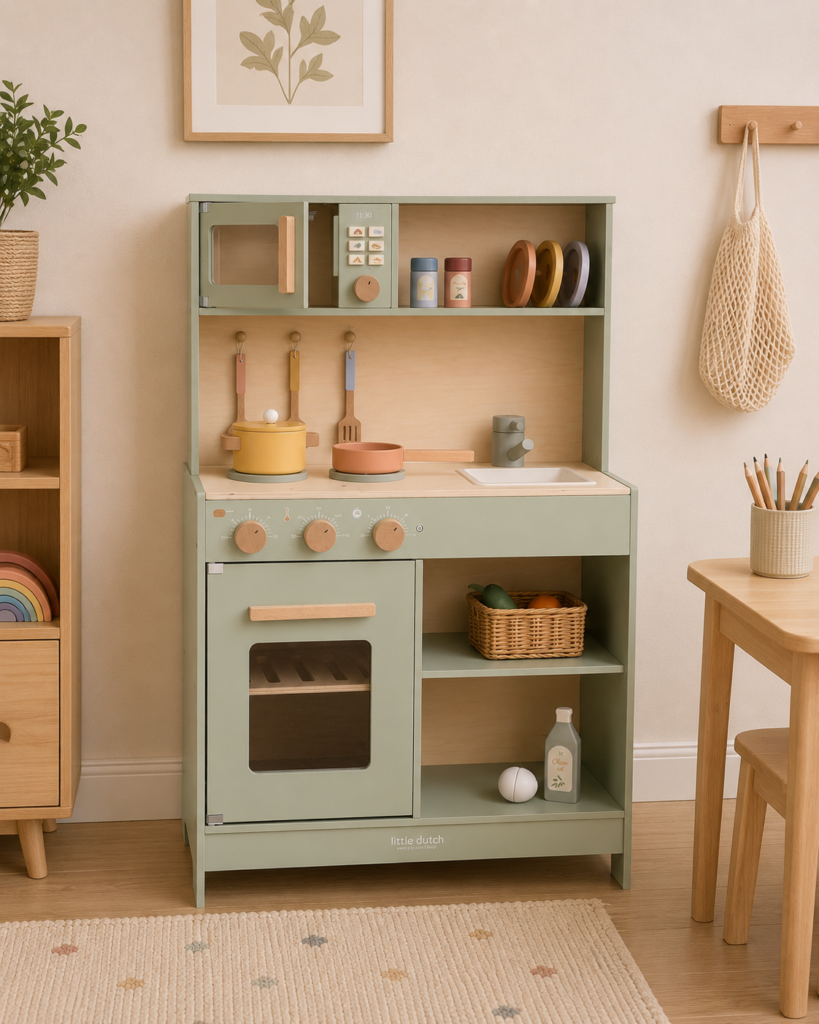 Green Wooden Play Kitchen for 3 year olds