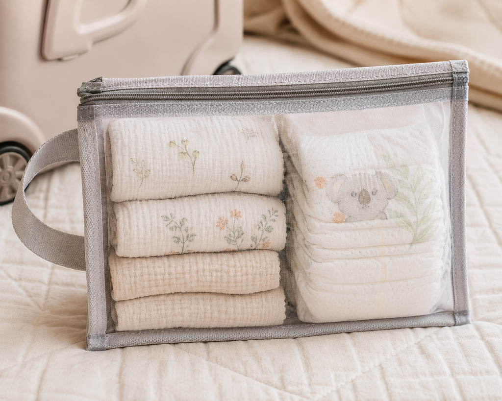 Mesh pouches for organising baby essentials and hospital bag items.