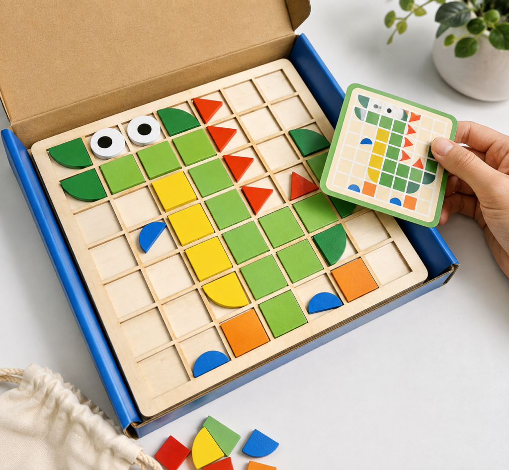 Wooden Mosaic Puzzle where kids copy included patterns or come up with their own creative ideas.