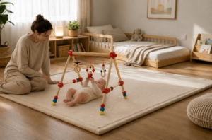Wooden Baby Gym on the floor wih mum and baby