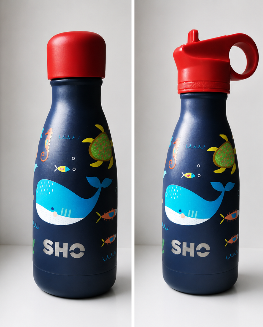 SHO kids water bottle lid choices - straw or screw lid.