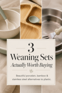 Three beautiful baby-led weaning feeding sets made from porcelain, stainless steel and bamboo.
