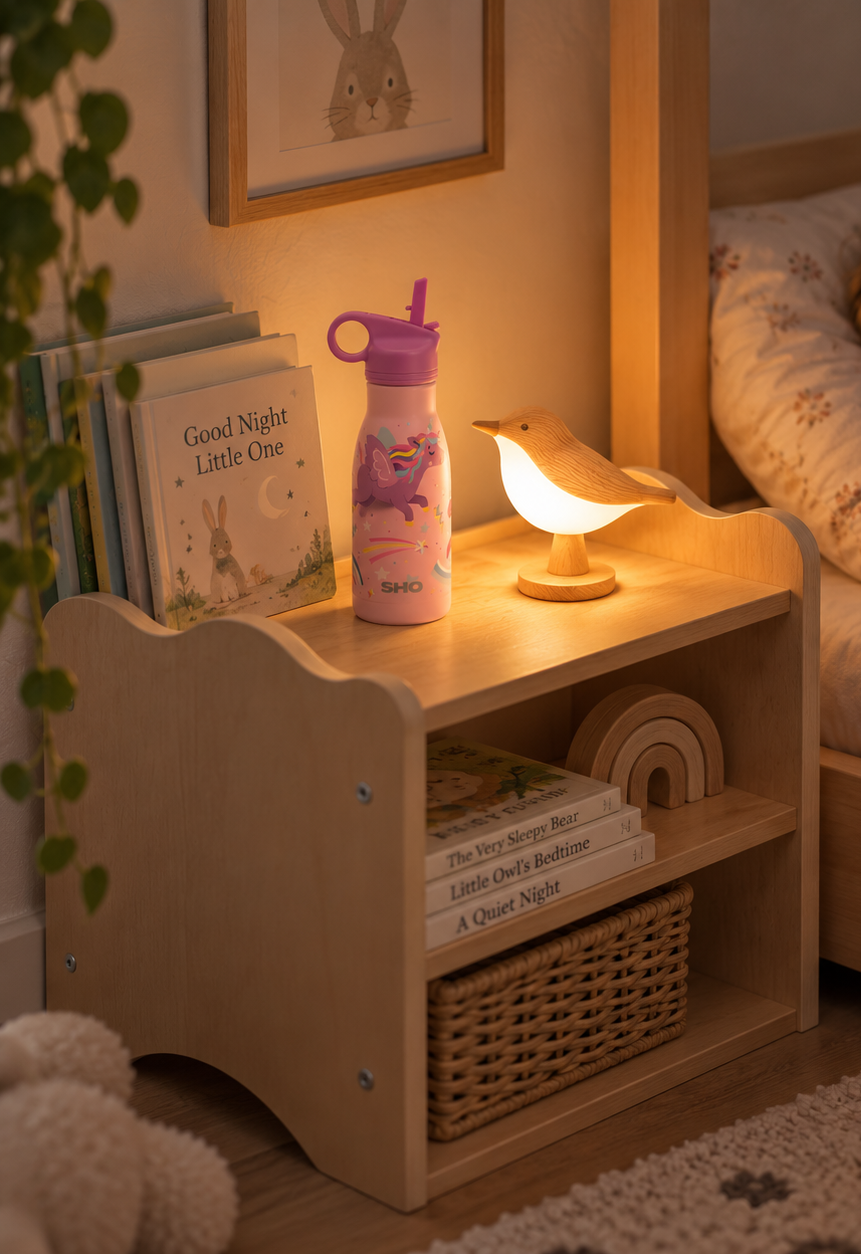 Low bedside table for floorbeds - accessible and front facing.