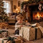 Toddler opening up big Christmas presents.