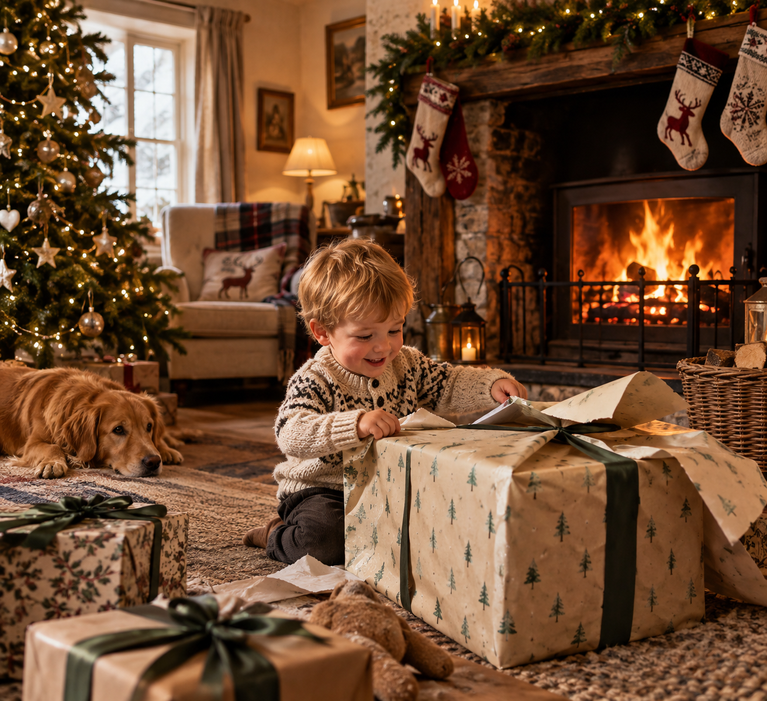 Toddler opening up big Christmas presents.