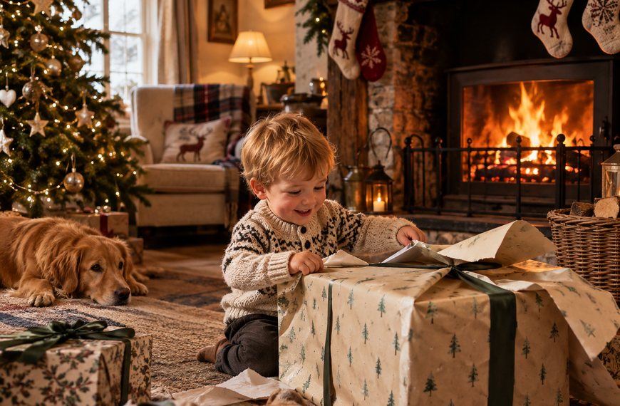 Toddler opening up big Christmas presents.
