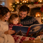 Mum dad and toddler reading Christmas stories on the sofa.