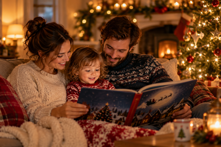 Mum dad and toddler reading Christmas stories on the sofa.