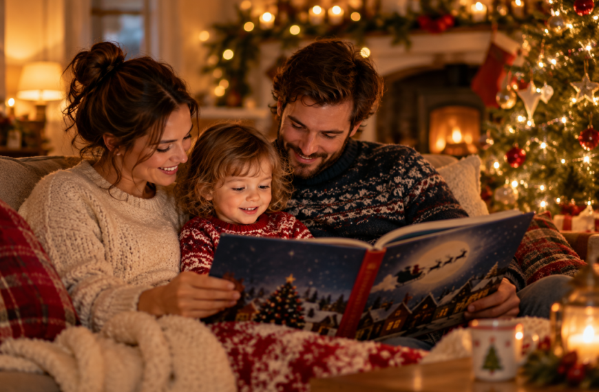 Mum dad and toddler reading Christmas stories on the sofa.