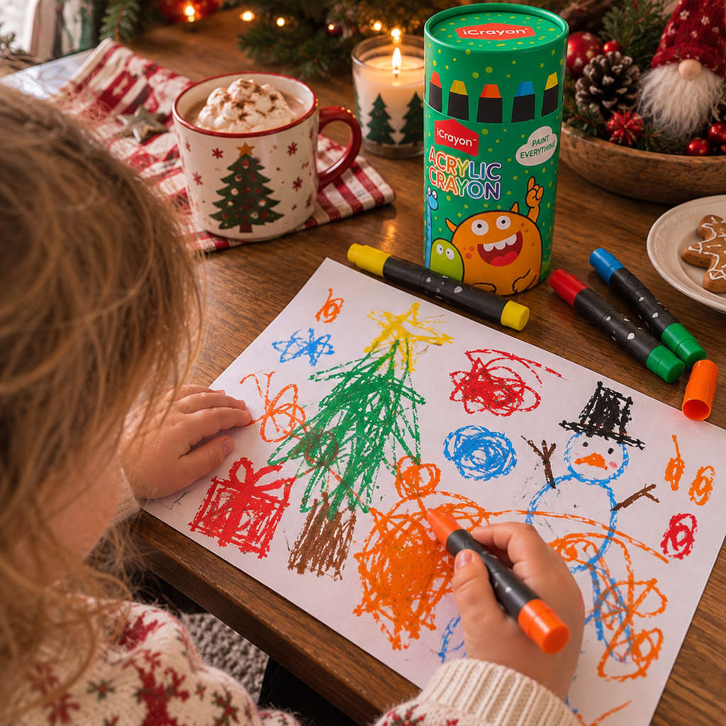 Toddler drawing and painting with crayons at Christmas.