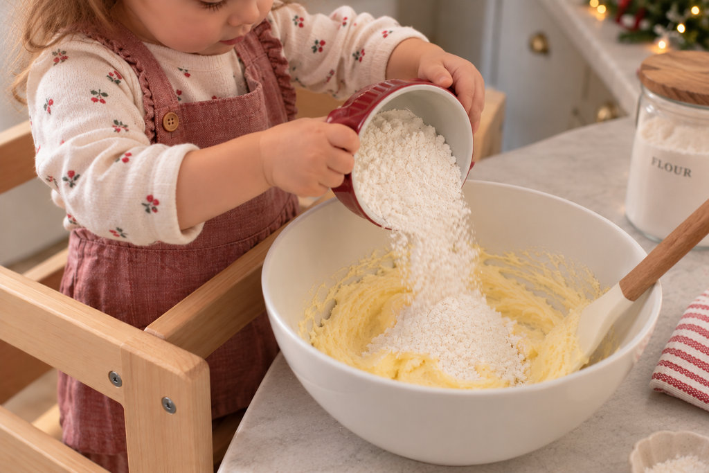 Toddler adding flour to Christmas cookie dough.