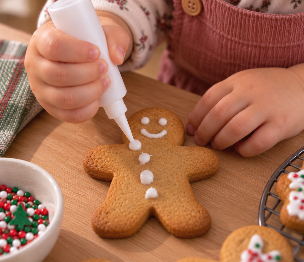 Toddler decorating Christmas cookie in the shape of gingerbread man.