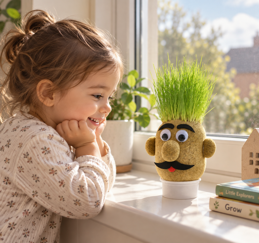 Toddler admiring grass head on window sill.