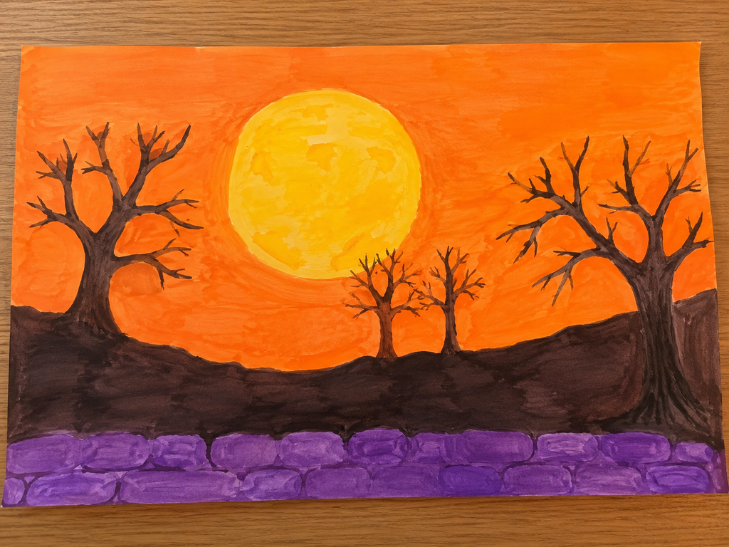 Halloween background setting we drew to place plaster figurines on top.