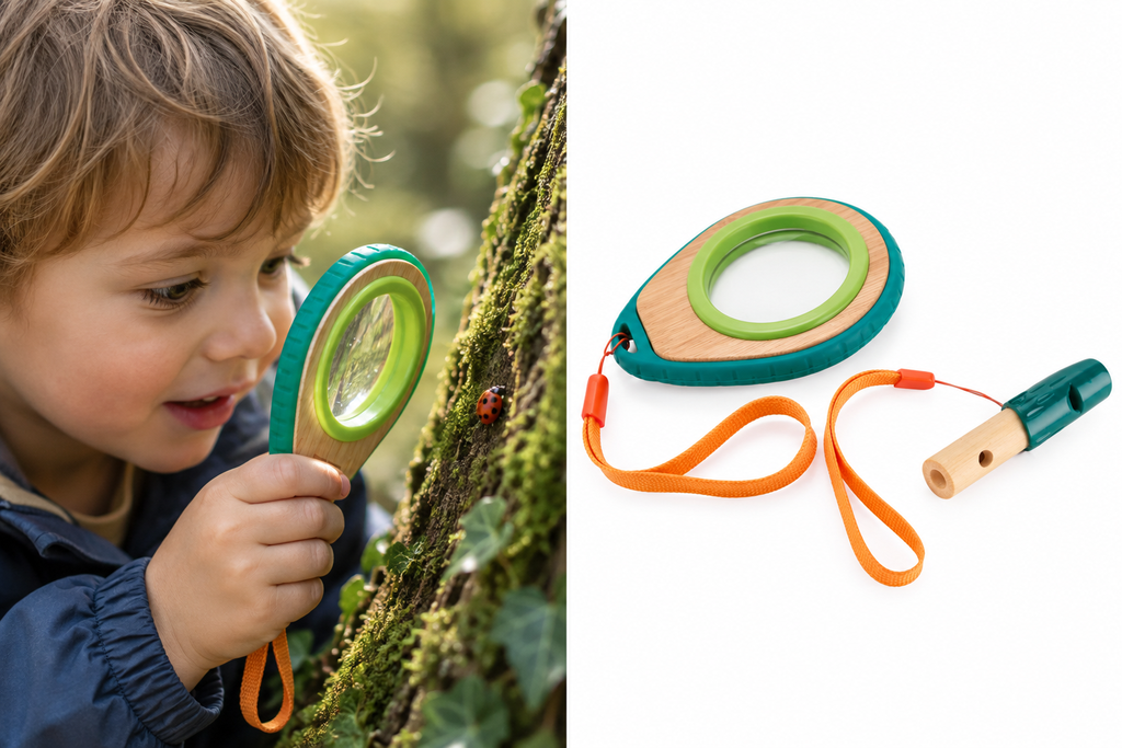 Bamboo magnifying glass and whistle for toddlers to explore nature.