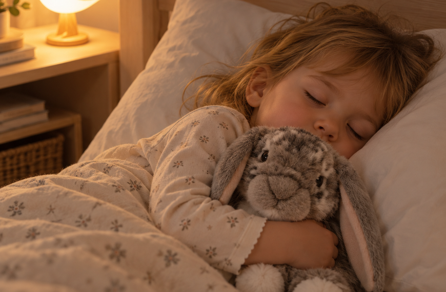 Toddler sleeping soundly with a bunny soft toy.