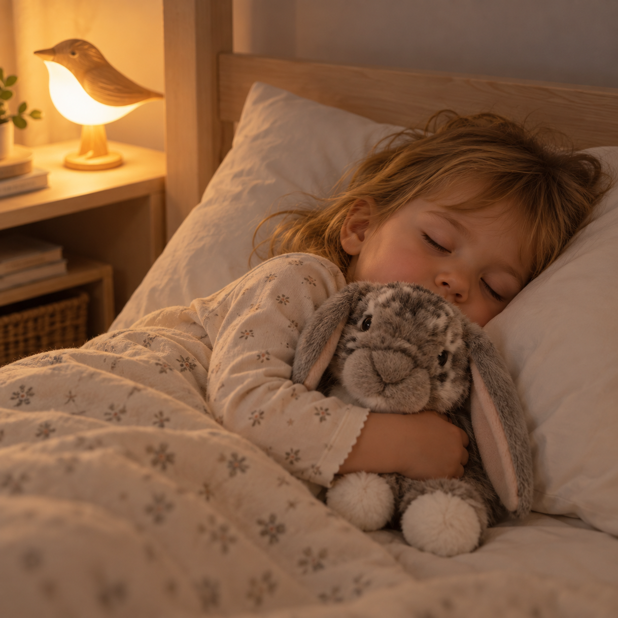 Toddler sleeping soundly with a bunny soft toy.