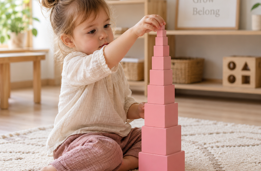 Toddler playing with pink tower which is a concrete example of what makes a toy Montessori.
