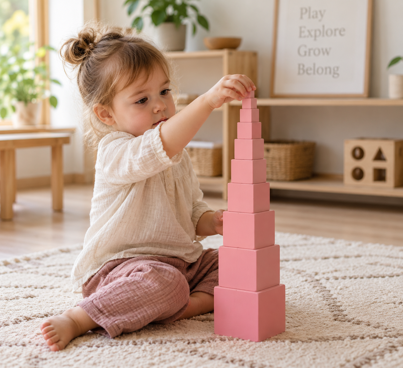 Toddler playing with pink tower which is a concrete example of what makes a toy Montessori.