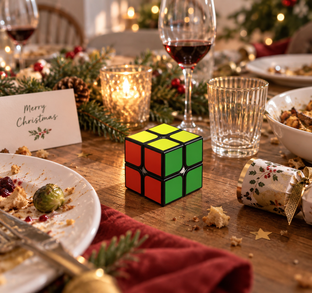 Children's size Rubik's cube on Christmas dinner table.