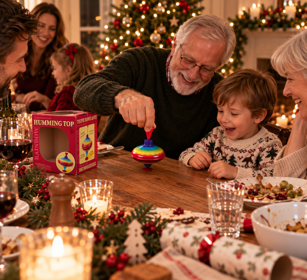 Grandfather and toddler playing spinning top at Christmas table.