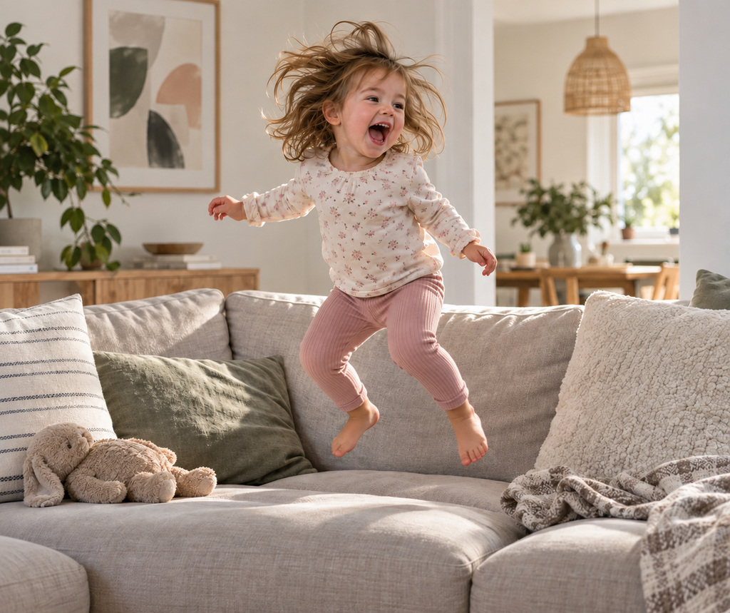 Toddler jumping on sofa after a long day at nursery.
