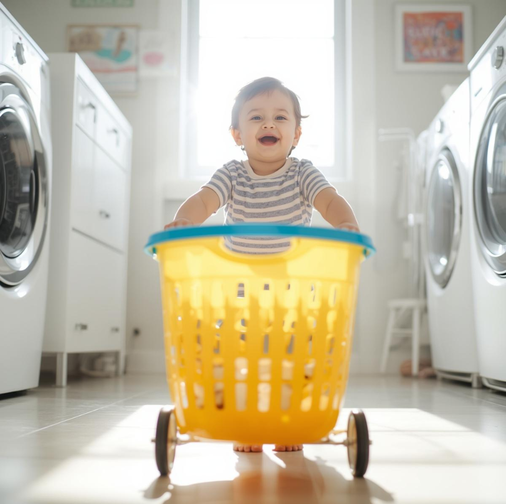 Toddler pushing laundry basket.