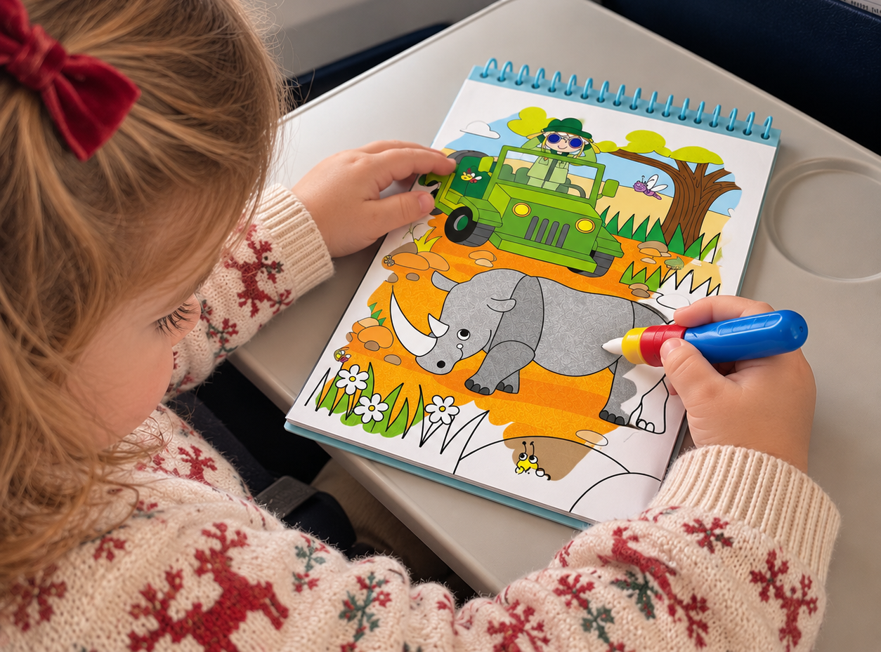 Water Magic book being drawn on the plane by a toddler.