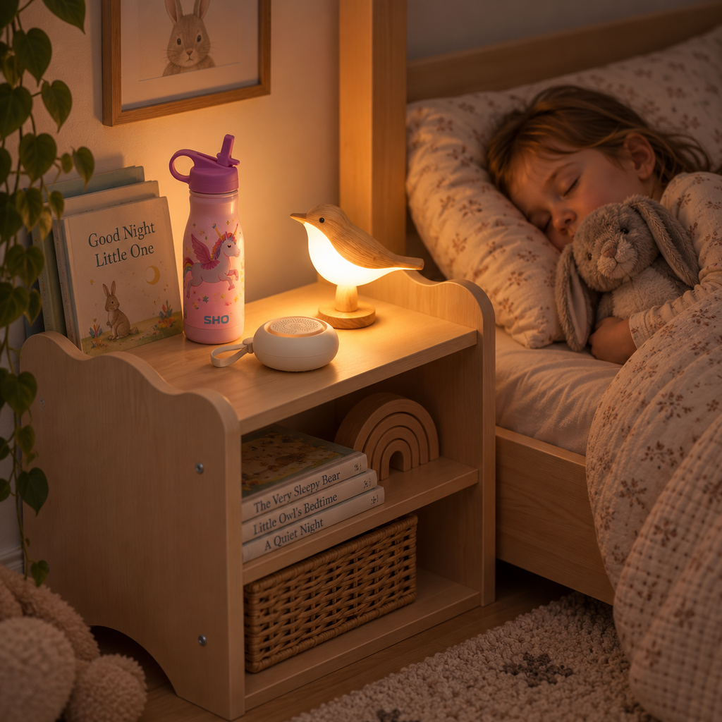 White noise machine in a Montessori toddler bedroom that features nature sounds and fan.